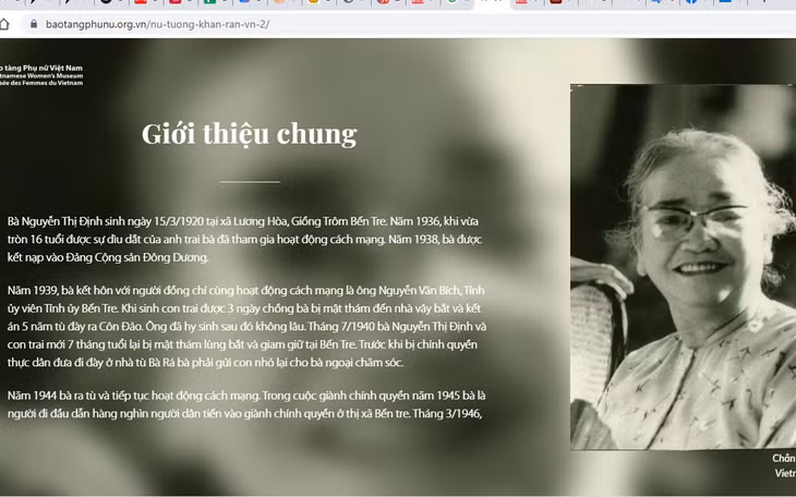Trưng bày của Bảo tàng Phụ nữ Việt Nam về nữ Anh hùng Nguyễn Thị Định. (Ảnh: Bảo tàng Phụ nữ Việt Nam)