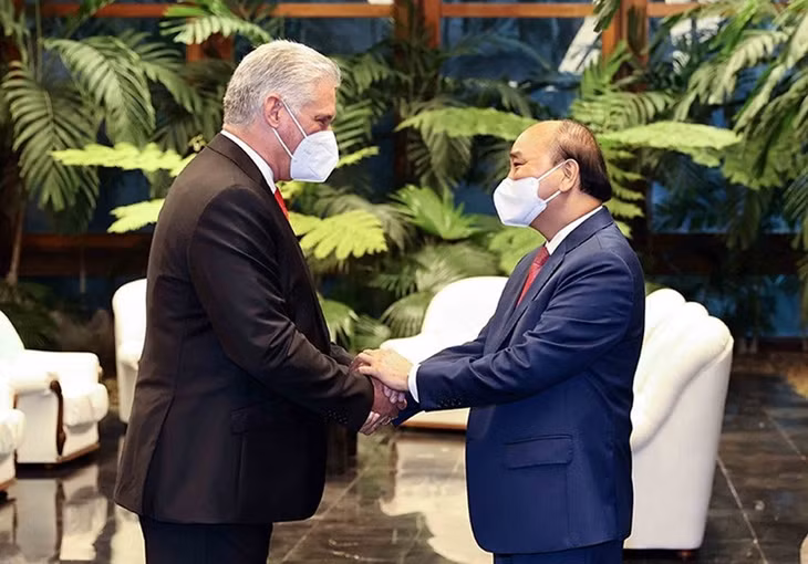 Chủ tịch nước Nguyễn Xuân Phúc và Bí thư thứ nhất Ban Chấp hành Trung ương Đảng Cộng sản Cuba, Chủ tịch nước Cộng hòa Cuba Miguel Diaz Canel. (Ảnh: Thống Nhất)