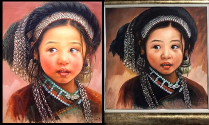 Bức "Lì xì nhé" bản gốc (trái) và chép (phải). Ảnh: Lê Thế Anh cung cấp