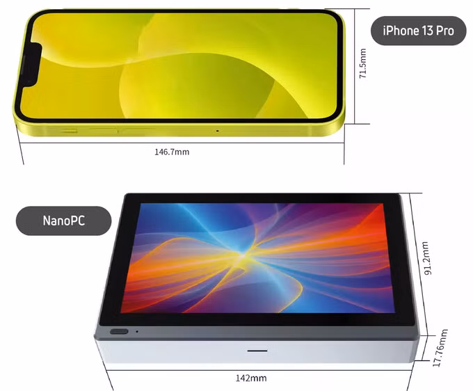 So sánh kích thước NanoPC và một chiếc iPhone 13 Pro (Ảnh: Gloture).