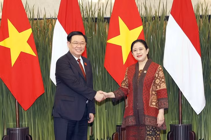 Chủ tịch Quốc hội Vương Đình Huệ và Chủ tịch Hạ viện Indonesia Puan Maharani chụp ảnh chung. (Ảnh: TTXVN)