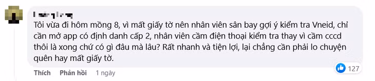Một bình luận của người dùng Facebook cho biết cảm thấy sử dụng VNeID khi làm thủ tục hàng không dễ dàng và thuận tiện hơn trước đây (Ảnh chụp màn hình).