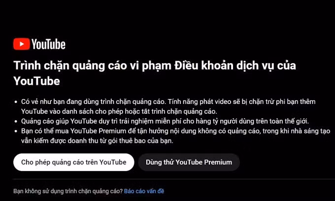 Thông báo xuất hiện trên trang YouTube của một người cài trình chặn quảng cáo tại Việt Nam.