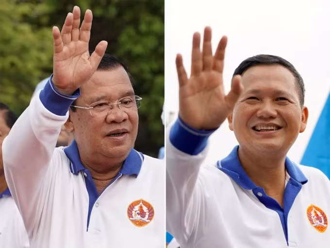 Thủ tướng Campuchia Hun Sen (trái) và con trai Hun Manet ở Phnom Penh ngày 21/7. Ảnh: Reuters