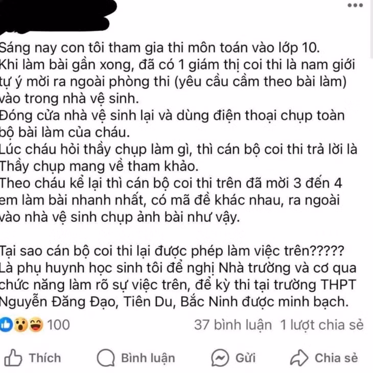 Thông tin trên mạng xã hội về sự việc tại Trường THPT Nguyễn Đăng Đạo. Nguồn ảnh: Facebook