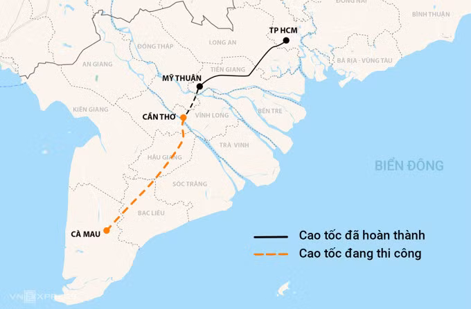 Hướng tuyến cao tốc Cần Thơ - Hậu Giang - Cà Mau. Đồ hoạ: Mạnh Cường