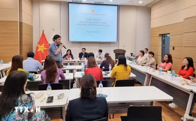 Ông Đoàn Quang Việt, Quản trị viên trang điện tử “Hàn Quốc ngày nay”, tham luận tại Hội thảo tư vấn viên, đại diện nhóm cộng đồng Việt Nam tại Hàn Quốc. (Ảnh: Đức Thắng/TTXVN)