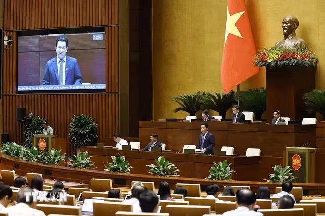 Bộ trưởng Bộ Tài nguyên và Môi trường Đặng Quốc Khánh giải trình, làm rõ một số vấn đề đại biểu Quốc hội nêu. (Ảnh: Doãn Tấn/TTXVN)