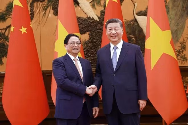 Thủ tướng Phạm Minh Chính hội kiến Tổng Bí thư, Chủ tịch Trung Quốc Tập Cận Bình chiều 26/6/2024. (Ảnh: Dương Giang/TTXVN)