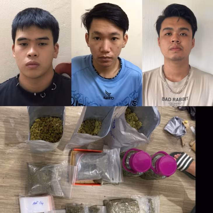 Các đối tượng Phạm Lê Nghĩa, Trần Cảnh Dương, Nguyễn Tiến Anh cùng tang vật.