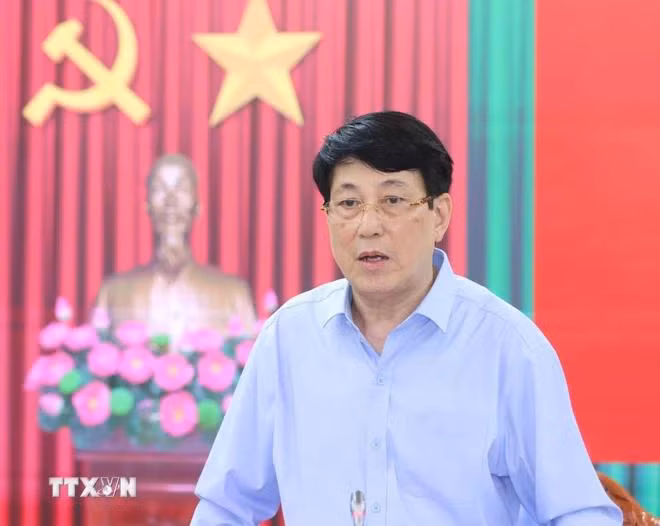 Ủy viên Bộ Chính trị, Thường trực Ban Bí thư Lương Cường phát biểu tại buổi làm việc. (Ảnh: Phương Hoa/TTXVN)