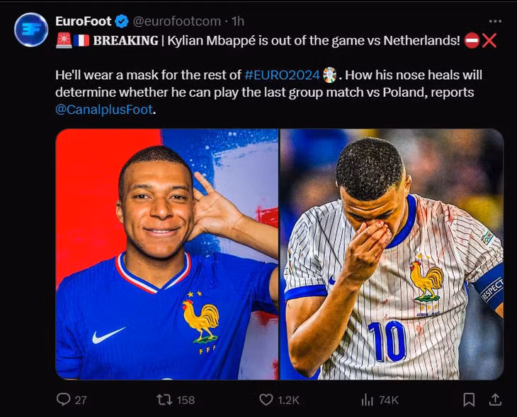 Eurofoot xác nhận Mbappe không thể góp mặt trận đấu gặp Hà Lan - Ảnh chụp màn hình