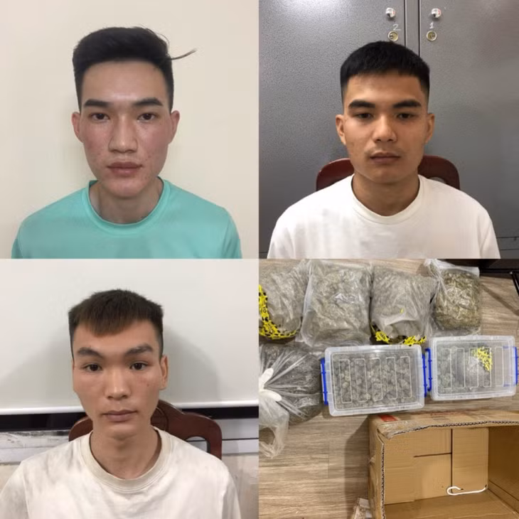 Các đối tượng Đỗ Văn Đồng, Nguyễn Phương Trường, Vũ Văn Đức cùng tang vật.