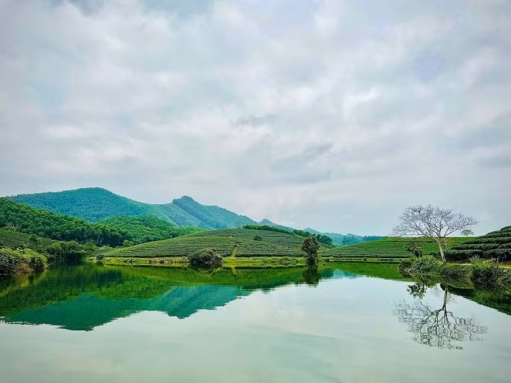 Mặt nước soi bóng những ngọn đồi, nhánh cây như một tấm gương lớn. (Ảnh: tienmelanin)
