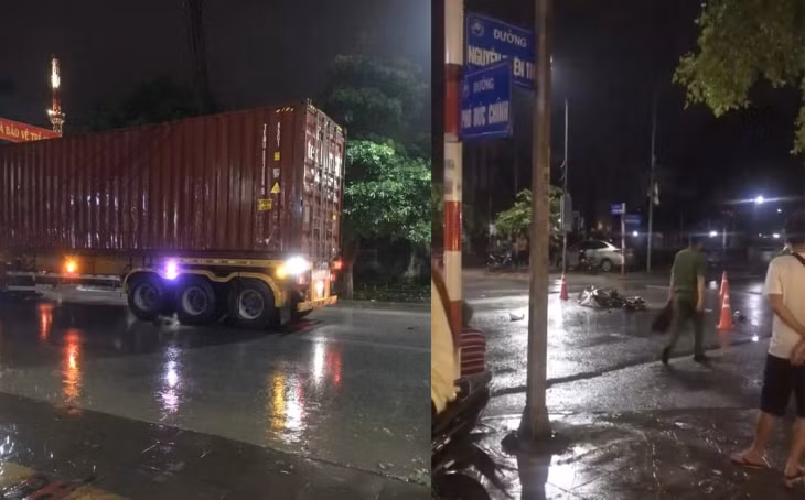 Chiếc xe máy bị cán vỡ nát, còn thi thể người phụ nữ bị kẹt ở bánh sau xe container.