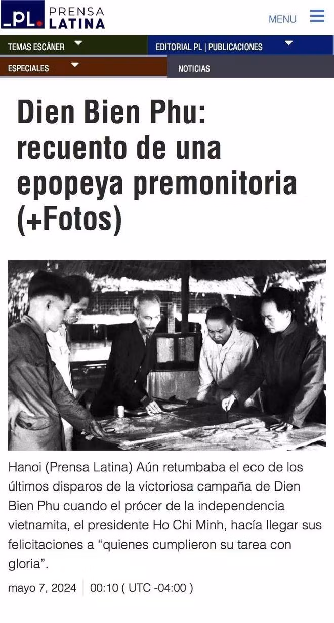 Bài viết “Điện Biên Phủ: kể lại một sử thi” được Hãng Thông tấn Mỹ Latinh Prensa Latina đăng tải ngày 7/5. (Ảnh: Mai Phương/TTXVN)