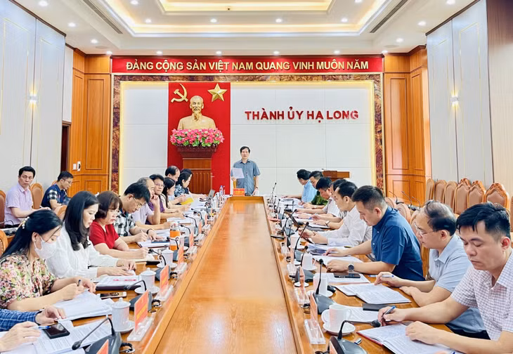 Đồng chí Vũ Quyết Tiến, Ủy viên Ban Thường vụ Tỉnh uỷ, Bí thư Thành ủy, Trưởng Tiểu ban, phát biểu chỉ đạo tại cuộc họp.