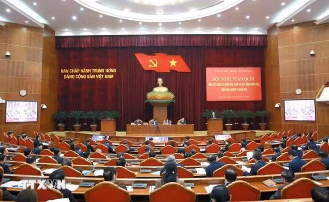 Quang cảnh Hội nghị toàn quốc tổng kết công tác kiểm tra, giám sát của Đảng năm 2023, triển khai nhiệm vụ năm 2024. (Ảnh: Phương Hoa/TTXVN)