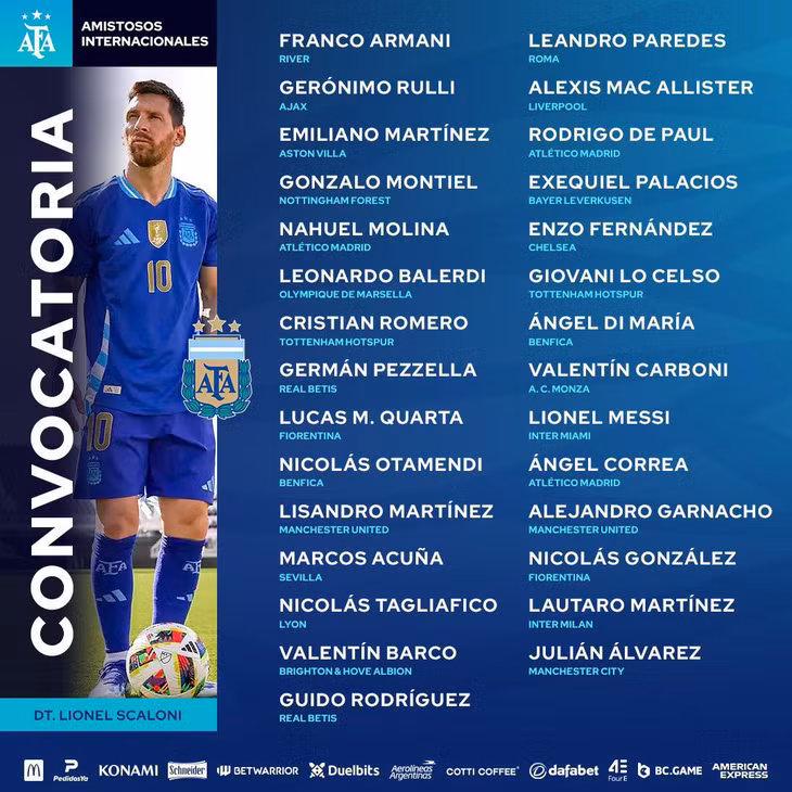 Danh sách sơ bộ 29 cầu thủ Argentina chuẩn bị cho Copa America 2024