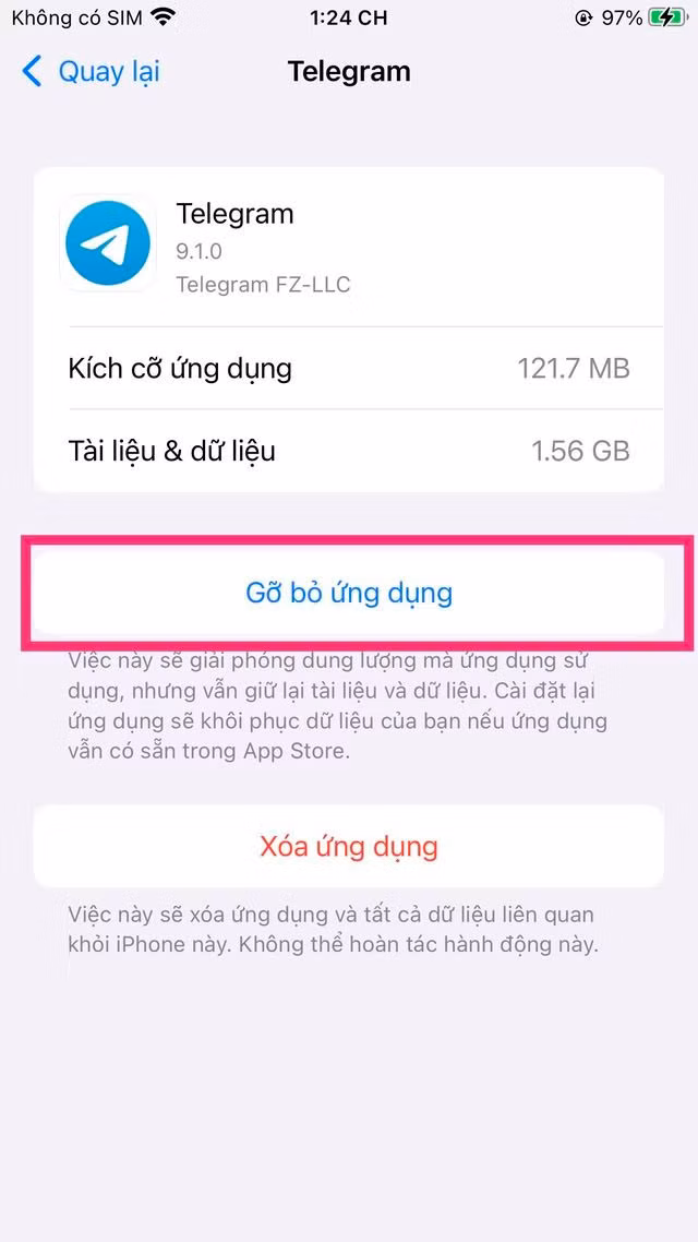 Việc "Gỡ bỏ ứng dụng" có nghĩa là ứng dụng sẽ bị tạm xóa khỏi thiết bị.