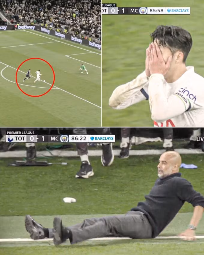 Pha bỏ lỡ của Son Heung-min và biểu cảm từ Pep Guardiola. Ảnh: ESPN