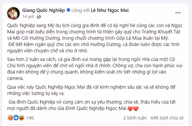 Nghệ sỹ Quốc Nghiệp giải thích trên Facebook cá nhân. (Ảnh chụp màn hình)