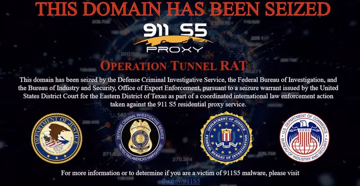 Thông báo tịch thu tên miền thuộc về botnet 911 5S của nhà chức trách. Ảnh: Bleeping Computer