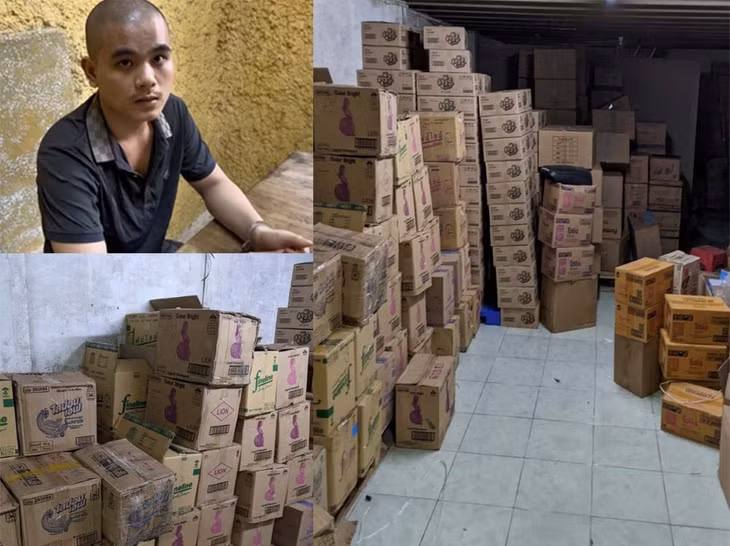 Đối tượng Trần Văn Sơn cầm đầu đường dây nước giặt, nước rửa bát giả và số tang vật thu giữ. Ảnh: Công an Thanh Hóa