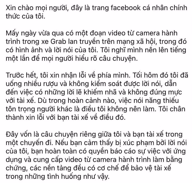 Bài viết xin lỗi trên Facebook của nhạc sĩ Minh Khang.