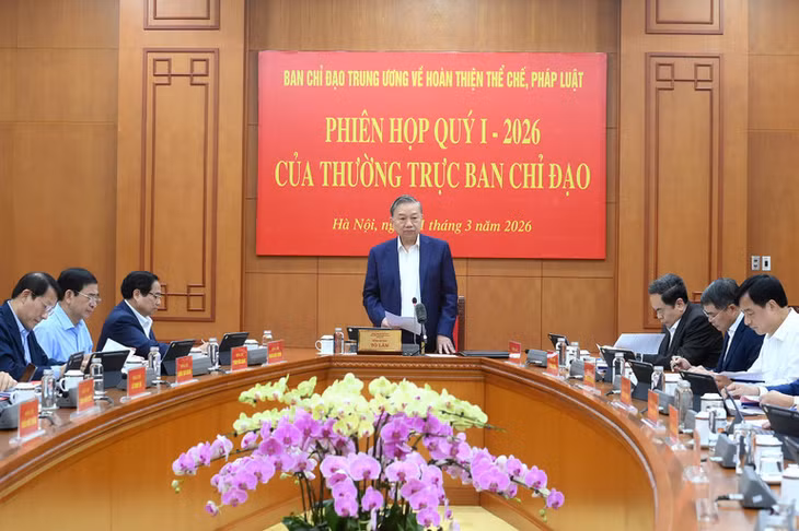 Tổng Bí thư Tô Lâm chủ trì phiên họp quý I/2026 của Thường trực ban Chỉ đạo Trung ương về hoàn thiện thể chế, pháp luật. (Ảnh: ĐĂNG KHOA)