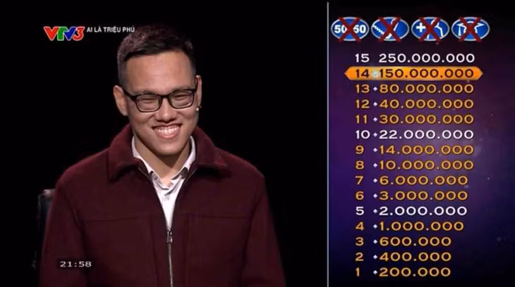 Người chơi Nguyễn Trường Giang chạm ngưỡng câu hỏi thứ 15 tại Ai là triệu phú 2026. Ảnh: VTV