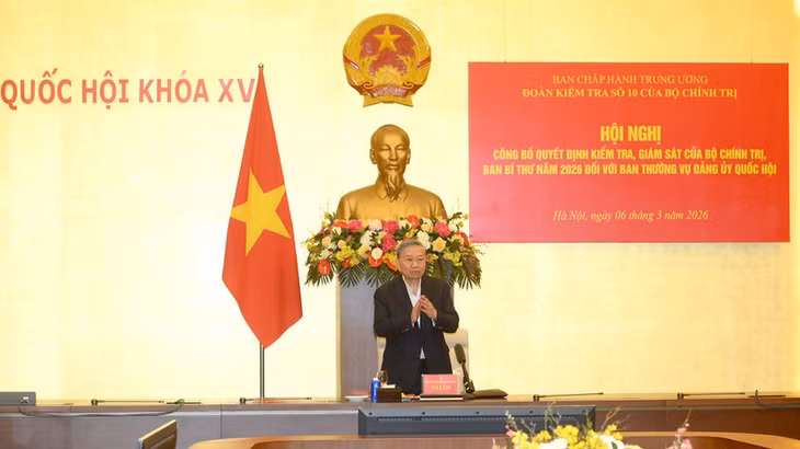Tổng Bí thư Tô Lâm chủ trì Hội nghị công bố quyết định kiểm tra, giám sát của Bộ Chính trị, Ban Bí thư năm 2026 đối với Ban Thường vụ Đảng ủy Quốc hội. (Ảnh: ĐĂNG KHOA)