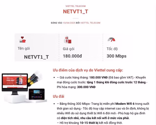 Giá gói cước 300 Mbps của Viettel thời điểm tháng 4 năm 2025 là 180.000 đồng/tháng. Nay đã tăng lên 195.000 đồng/tháng. Ảnh: Đức Vân