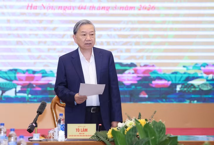 Tổng Bí thư Tô Lâm phát biểu chỉ đạo tại buổi làm việc với Ban Tuyên giáo và Dân vận Trung ương - Ảnh: Hải Nguyễn