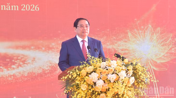 Thủ tướng Phạm Minh Chính phát biểu ý kiến tại Lễ kỷ niệm 120 năm Ngày sinh Thủ tướng Phạm Văn Đồng. (Ảnh: Thanh Giang)