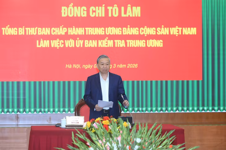 Tổng Bí thư Tô Lâm phát biểu chỉ đạo tại cuộc làm việc với Ủy ban Kiểm tra Trung ương. (Ảnh: ĐĂNG KHOA)