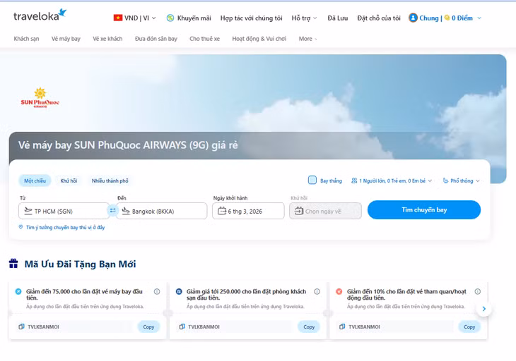Đặt vé nhanh chóng trên Traveloka