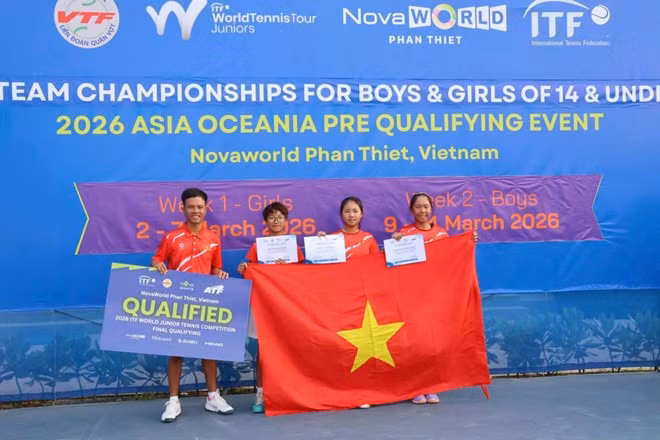 Tuyển quần vợt U14 nữ Việt Nam vượt qua vòng loại ở giải trẻ châu Á. Ảnh: VTF