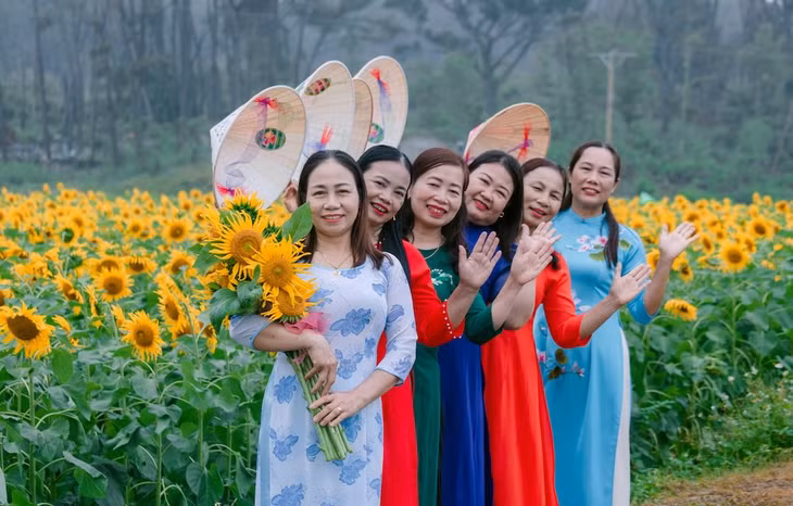 Những tà áo dài thướt tha nổi bật giữa sắc vàng hướng dương tạo nên điểm nhấn ấn tượng cho không gian làng quê.