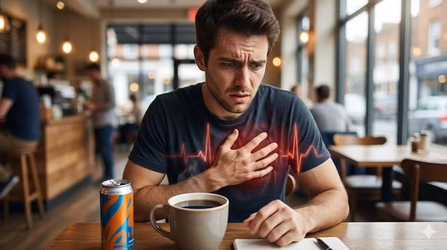 Cà phê và nước tăng lực chứa nhiều caffeine có thể làm tim đập nhanh và gây cảm giác hồi hộp ở một số người. Hình minh họa