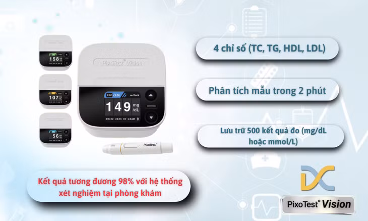 Máy đo mỡ máu PixoTest Vision là thiết bị có khả năng đo 4 chỉ số mỡ máu quan trọng ngay tại nhà