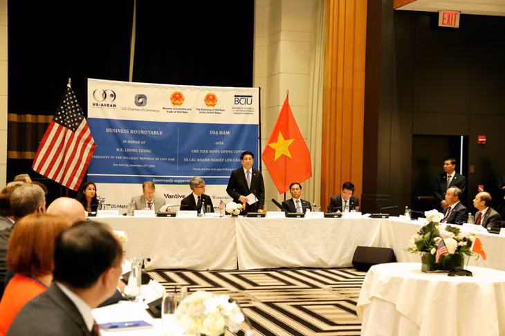 Chủ tịch nước Lương Cường dự toạ đàm với các doanh nghiệp Hoa Kỳ. (Ảnh: Xuân Kỳ)