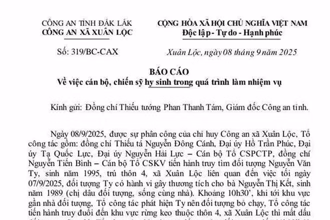 Báo cáo của Công an xã ở Đắk Lắk liên quan đến vụ việc một thiếu tá công an bị đâm tử vong trong quá trình đang làm nhiệm vụ. Ảnh: Công an cung cấp