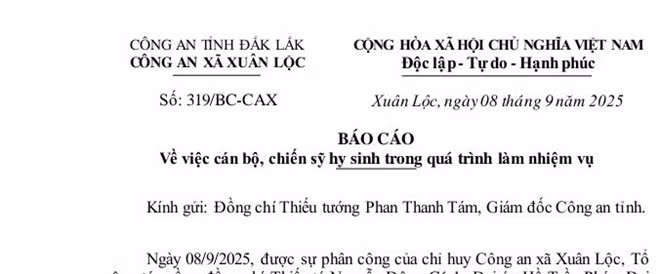 Báo cáo của công an xã ở Đắk Lắk liên quan đến vụ việc một thiếu tá công an bị đâm tử vong trong quá trình đang làm nhiệm vụ. Ảnh: Công an cung cấp