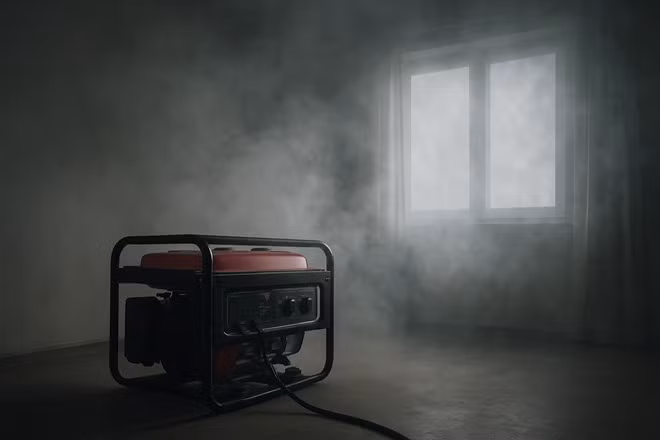 Cơ quan chức năng khuyến cáo người dân không vận hành máy nổ phát điện trong không gian kín, dẫn đến nguy cơ ngạt khí rất nguy hiểm. Ảnh AI: Ngọc Anh tạo