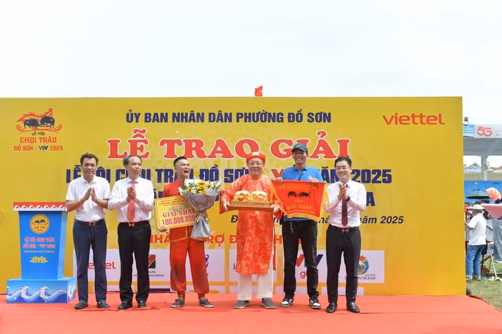 Ban tổ chức trao giải vô địch cho trâu 06 - Ảnh: PHAN TUẤN