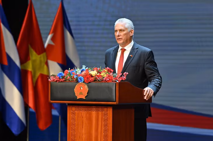 Bí thư Thứ nhất Trung ương Đảng Cộng sản Cuba, Chủ tịch nước Cuba Miguel Diaz Canel Bermudez phát biểu (ảnh Thủy Nguyên)
