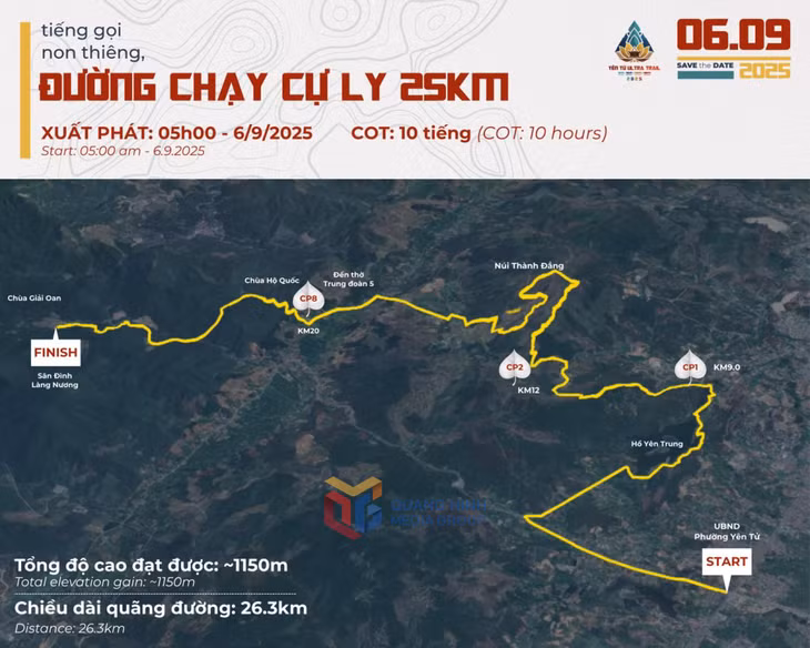 Cự ly 25km xuất phát tại cổng Ủy ban Nhân dân phường Yên Tử, vào Yên Trung, lên đỉnh Thành Đẳng, đường 326 Thượng Yên Công và về đích tại cổng khai tâm, khu tich tích Yên Tử