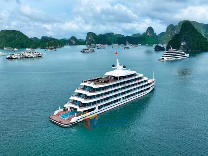 Tàu thăm vịnh tạo thêm điểm nhấn cho bức tranh thiên nhiên vịnh Hạ Long thêm sinh động, hấp dẫn.