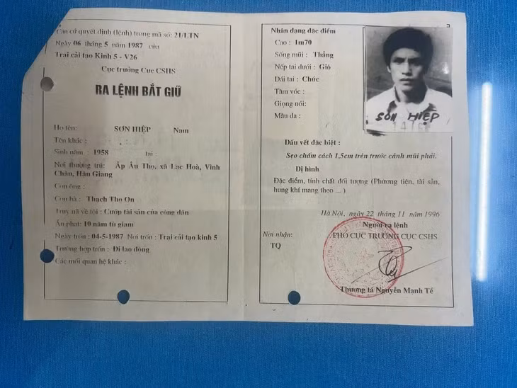 Lệnh bắt giữ của cơ quan công an đối với Sơn Hiệp - Ảnh: CA cung cấp